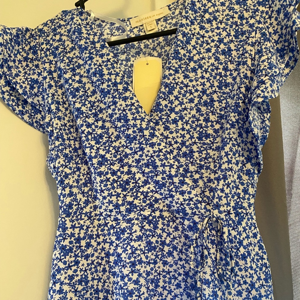 NEVER WORN, floral white-on-blue blouse